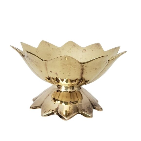 Vtg 1984 Solid Brass Lotus Flower Footed Pedestal Trinket Dish Tea Light Holder - Picture 1 of 7